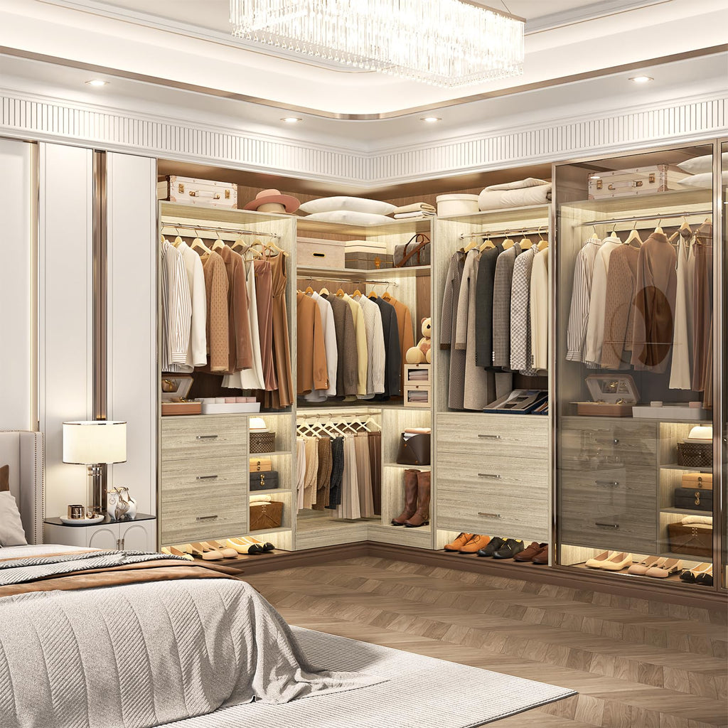 Closet System with 6 Drawers, 4 Hanging Rods & Corner Tower, Corner Closet System with Hanging, 84.6" L-Shaped