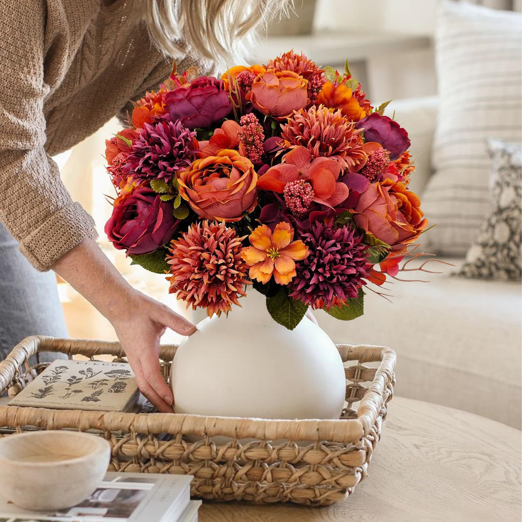Bundles Fall Artificial Flowers Bouquet Fake Peony Silk Chrysanthemums Autumn Faux Floral Arrangements Decor Indoor - Set of 2