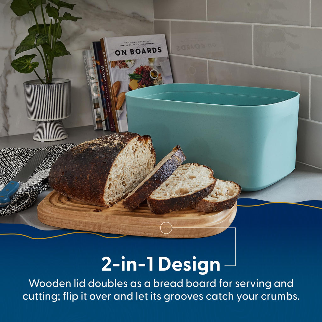 Bread Box - LA Union with Wood Lid (Blue Green) Large 14.25x9.25x7