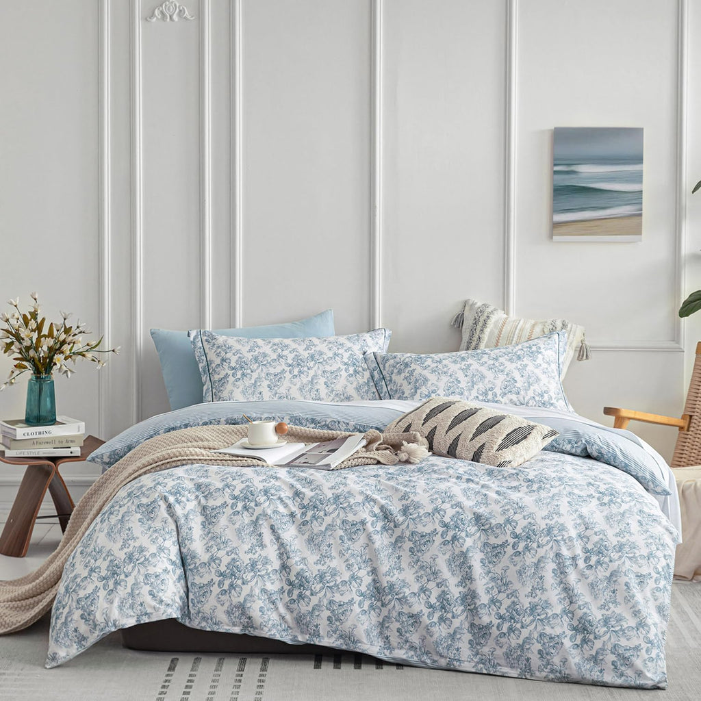 Vintage 100% Cotton Duvet Cover King 3PC - Elegant Pale Slate Blue Floral Pattern on White with Light Blue & White