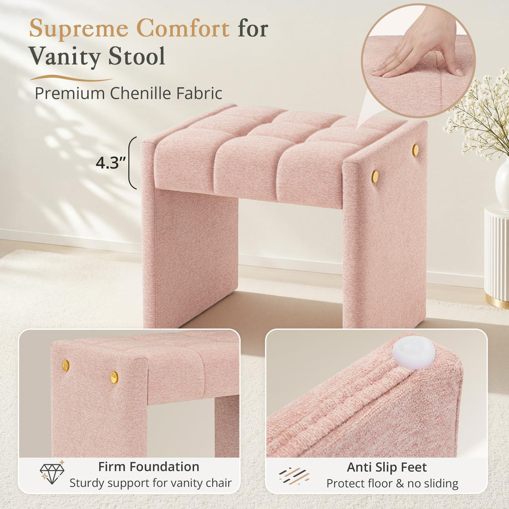 Modern Grid Tufted Vanity Bench Stool, 4.33'' Thick Chenille Upholstered Ottoman Footstool for Makeup Room, Bedroom &