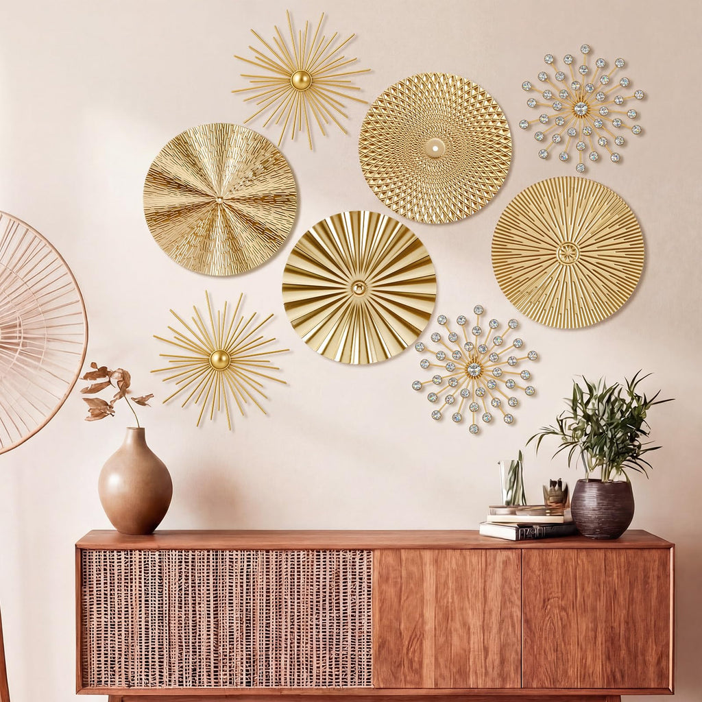 8 Pcs Metal Wall Decoration Metal Starburst Radial Plate Art Hanging Decorative Wall Decorations 3D Sunburst