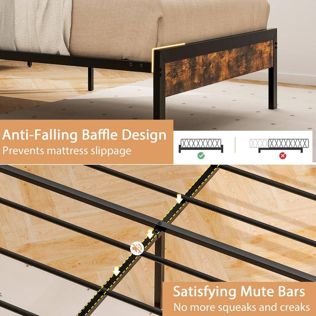 Bed Frame with 2-Tier Storage Headboard, Industrial Metal Platform Bed with Charging Station, Heavy Duty Metal