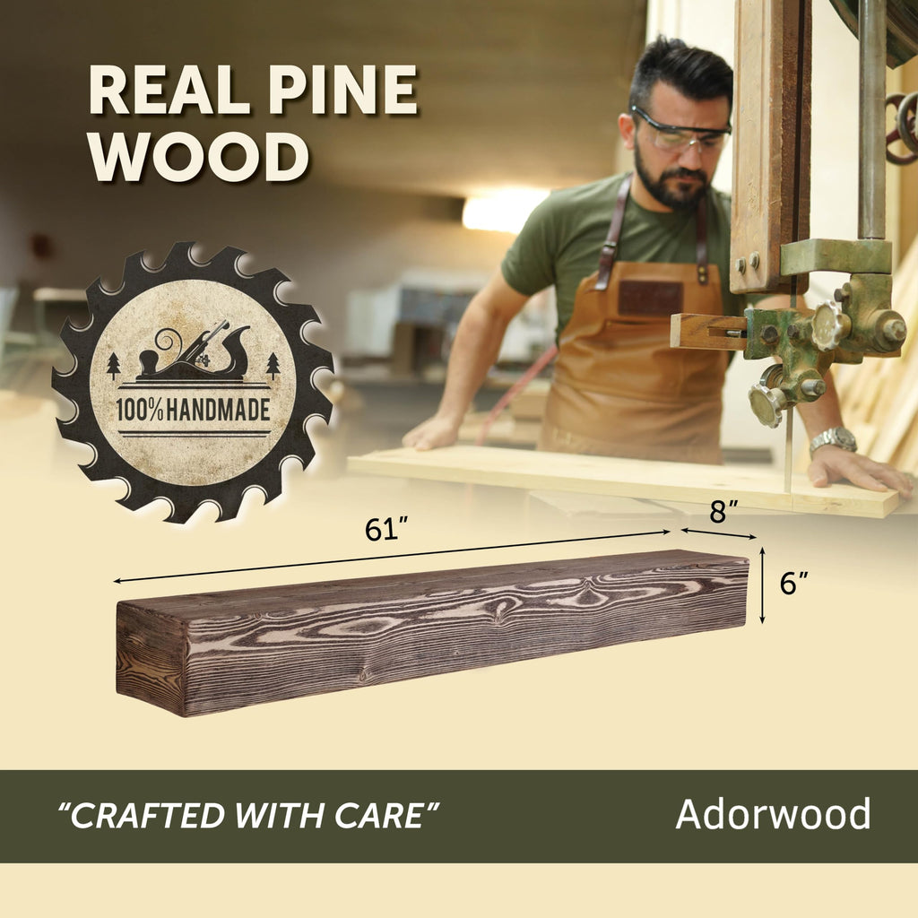 Handmade Rustic 61 Inch Fireplace Mantel Shelf, Dark Rustic 8Dx6H
