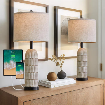 26.5" Bedside Table Lamps Set of 2, Farmhouse Table Lamp with USB A+C Charging Ports, Vintage Nightstand Lamp s and