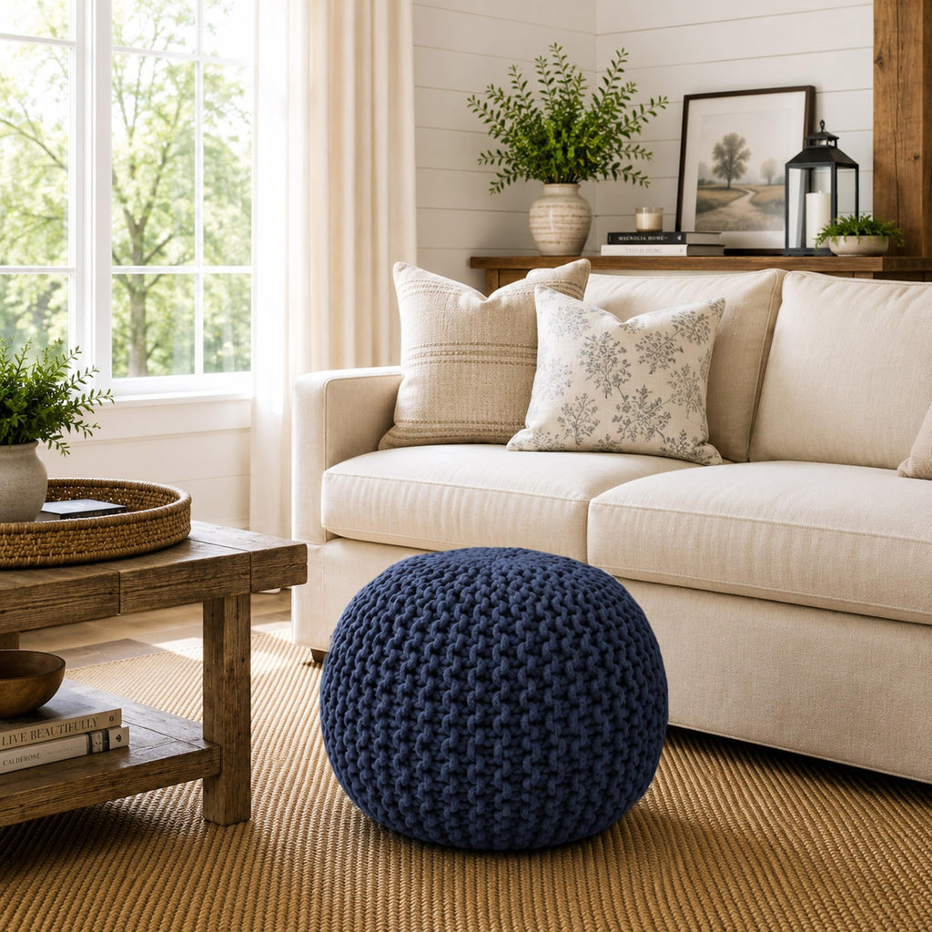Round Pouf Ottoman, Navy Blue - 20" Diameter x 14.5" High Cotton Knit Foot Stool - Boho Floor Pouffe