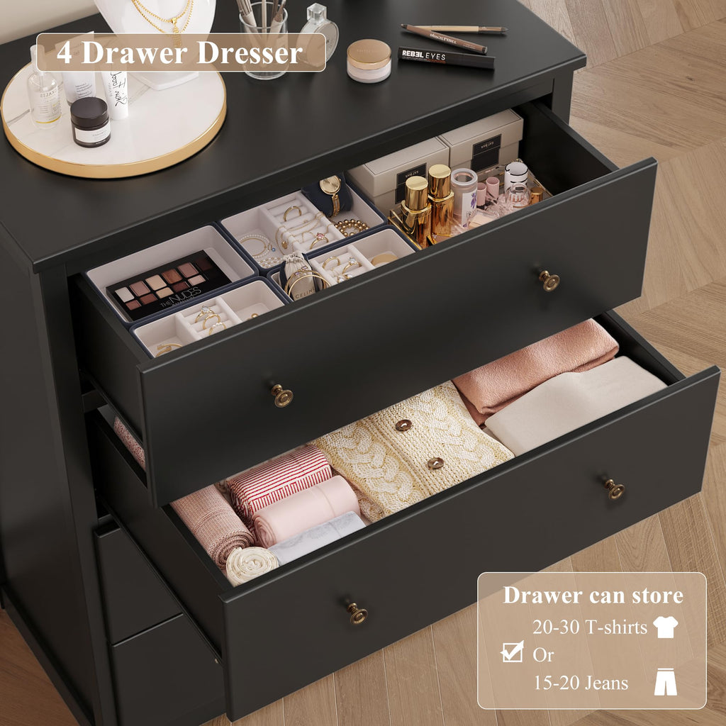 Black Dresser with 4 Drawers, 29" W Chest of Drawers, Wood Dresser | Modern 4 Drawers Dresser, Space-Saving Vertical
