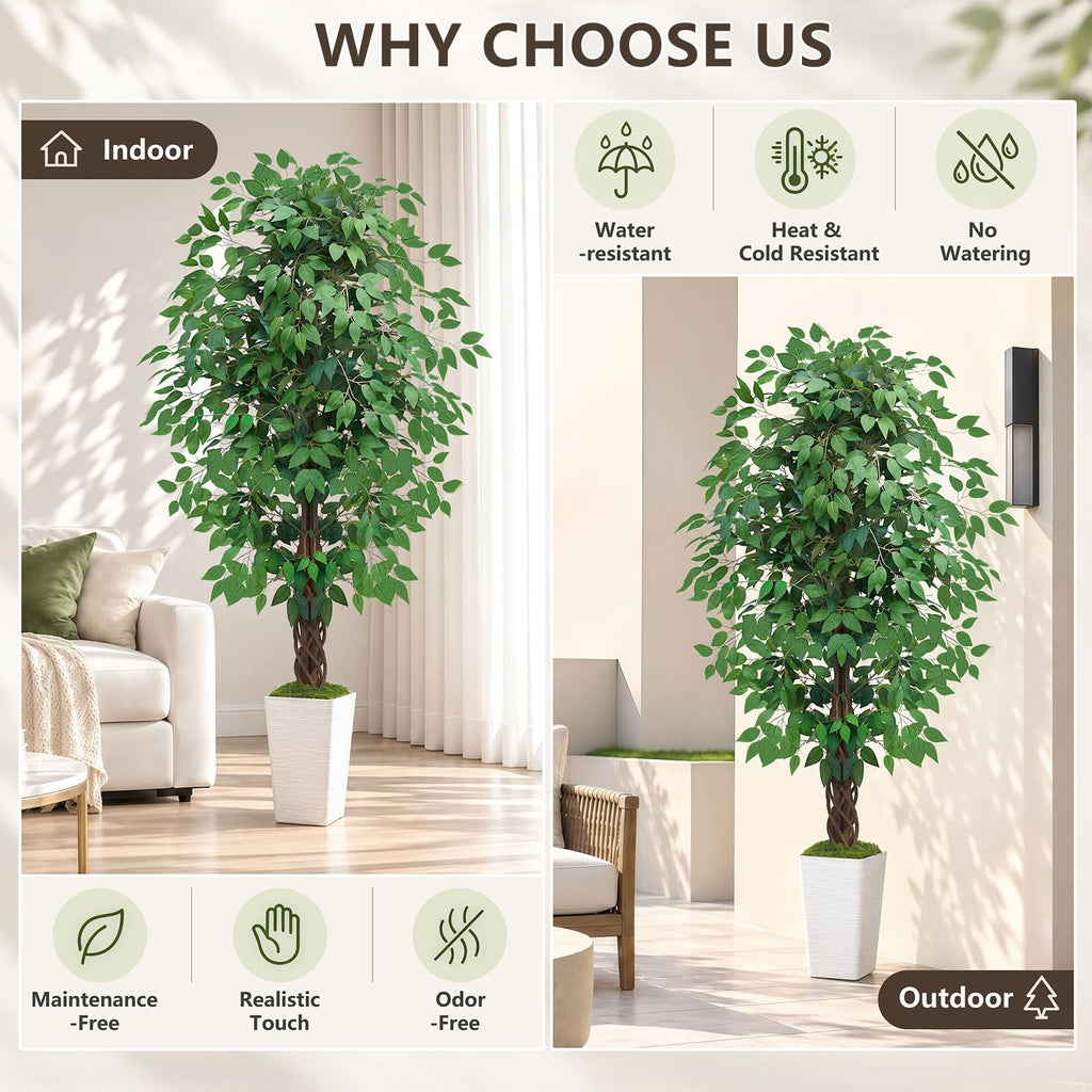 Artificial Ficus Tree, 6FT Tall Fake Plant, Large Faux Floor Tree
