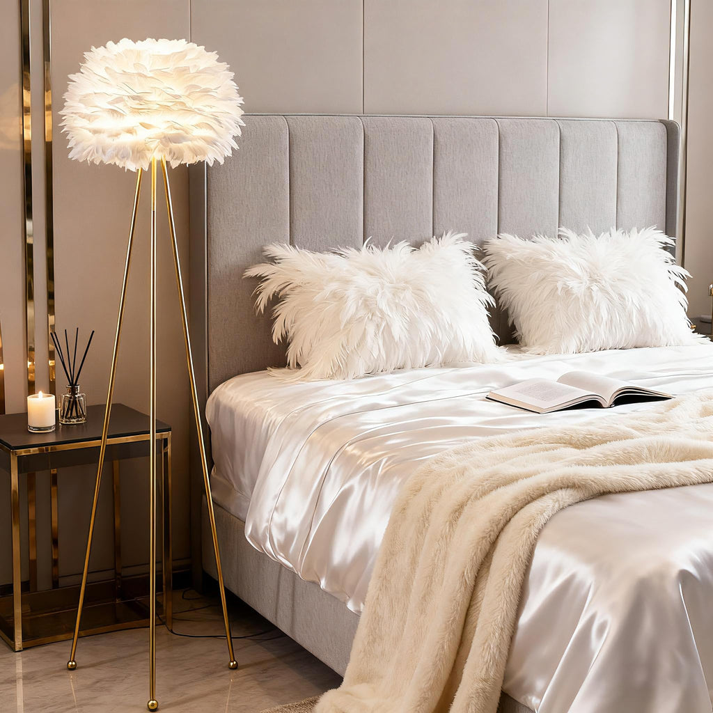 60" Feather Floor Lamp, Tripod Floor Lamp with White Feather Shade, Modern Brass Gold Standing Light s Dining Room