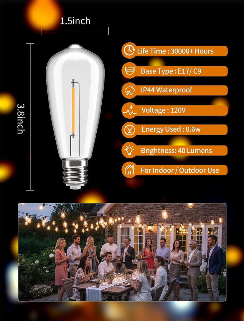 Edison E17 LED Bulbs, ST40 0.6W Shatterproof Replacement Bulbs