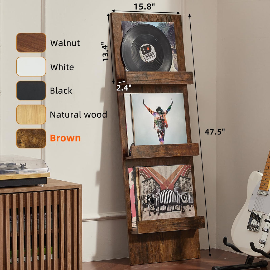 Wall-Leaning Vinyl Record Holder Set of 2 with 3 Tier Display Shelf, 47.5'' Tall Record Storage Magazine Holder