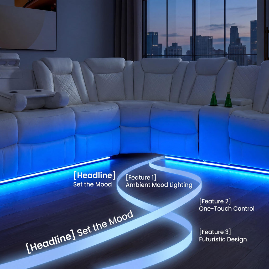 Power Reclining Sectional Sofa, L‐Shape Faux Leather Recliner Couch with LED Ambient Light, Cup Holders, USB Charging