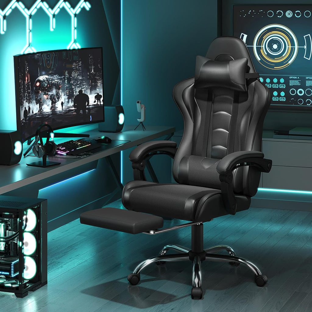 Gaming Chair with Footrest Massage Lumbar Pillow Reclining Black | Foam-padded PU leather racing seat and plush