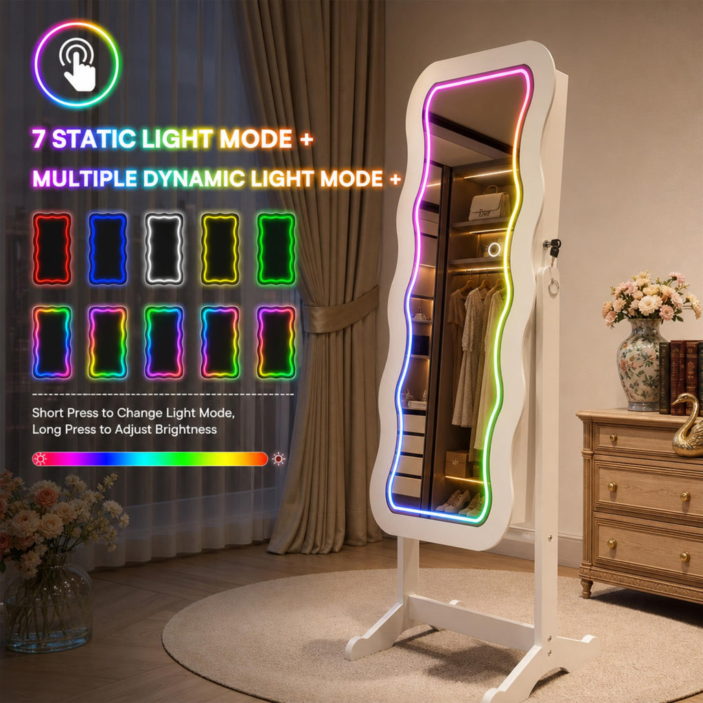 RGB Mirror Jewelry Cabinet, Remote Control LED Mirror with Storage