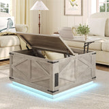 Farmhouse Lift Top Coffee Table, Square Wood Center Table with LED Lighting, USB-C Charging Station
