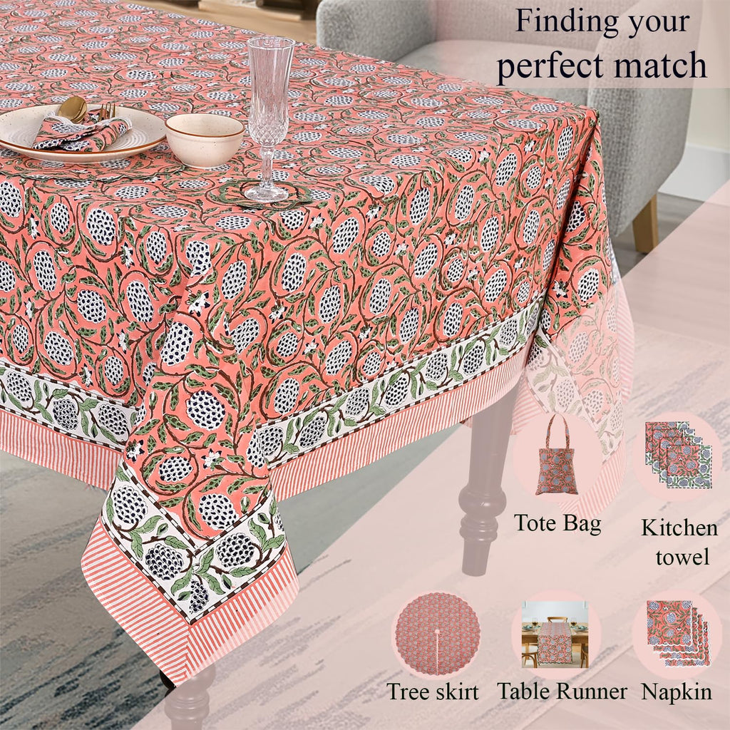 Dark Salmon Pink Hand Block Print Square Tablecloth 60x60 Inch
