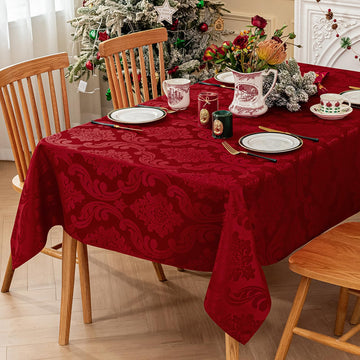 Christmas Jacquard Rectangle Tablecloth with Red Flower - Waterproof Damask Vintage Floral Table Cloth, Xmas