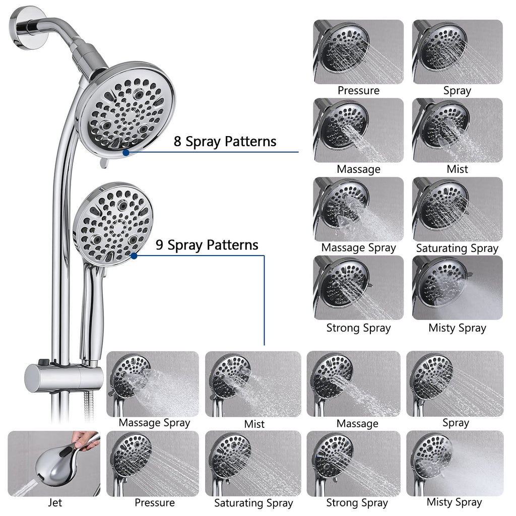 Rainfall Shower Head with Handheld Shower Spray, with 26" Drill Free Adjustable Height Slider Bar, High Pressure Dual