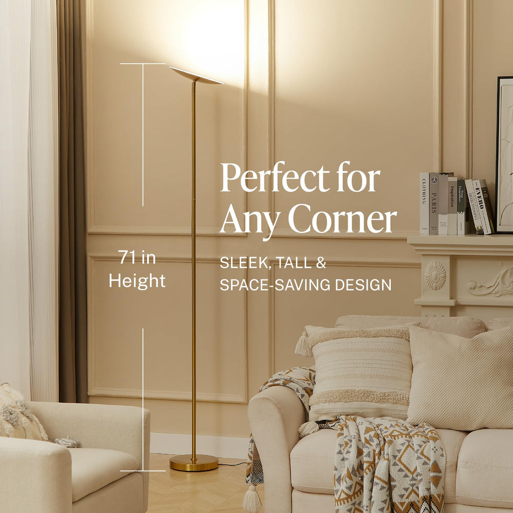 LED Torchiere Floor Lamp - 71" Tall Modern Torchiere Lamp in Golden Brass, Stepless Dimming, Remote & Touch