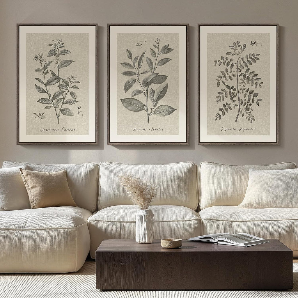 Large Framed Botanical Wall Art, 3 Piece Neutral Plant Canvas Painting Prints Artwork for Farmhouse Walls, Vintage