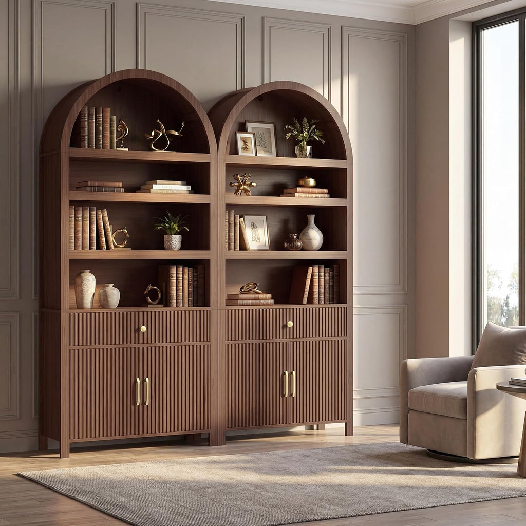 Book Shelf 70" Tall Bookcase with Drawer,7-Tier Arched Cabinet with Storage and Fluted Door,Mid-Century Modern