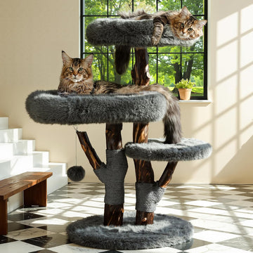 Aesthetic Cat Tree Tower for Large Cats, Modern Cat Tree for Maine Coon Indoor Cats with Faux Fox Fur, Maine Coon Cat