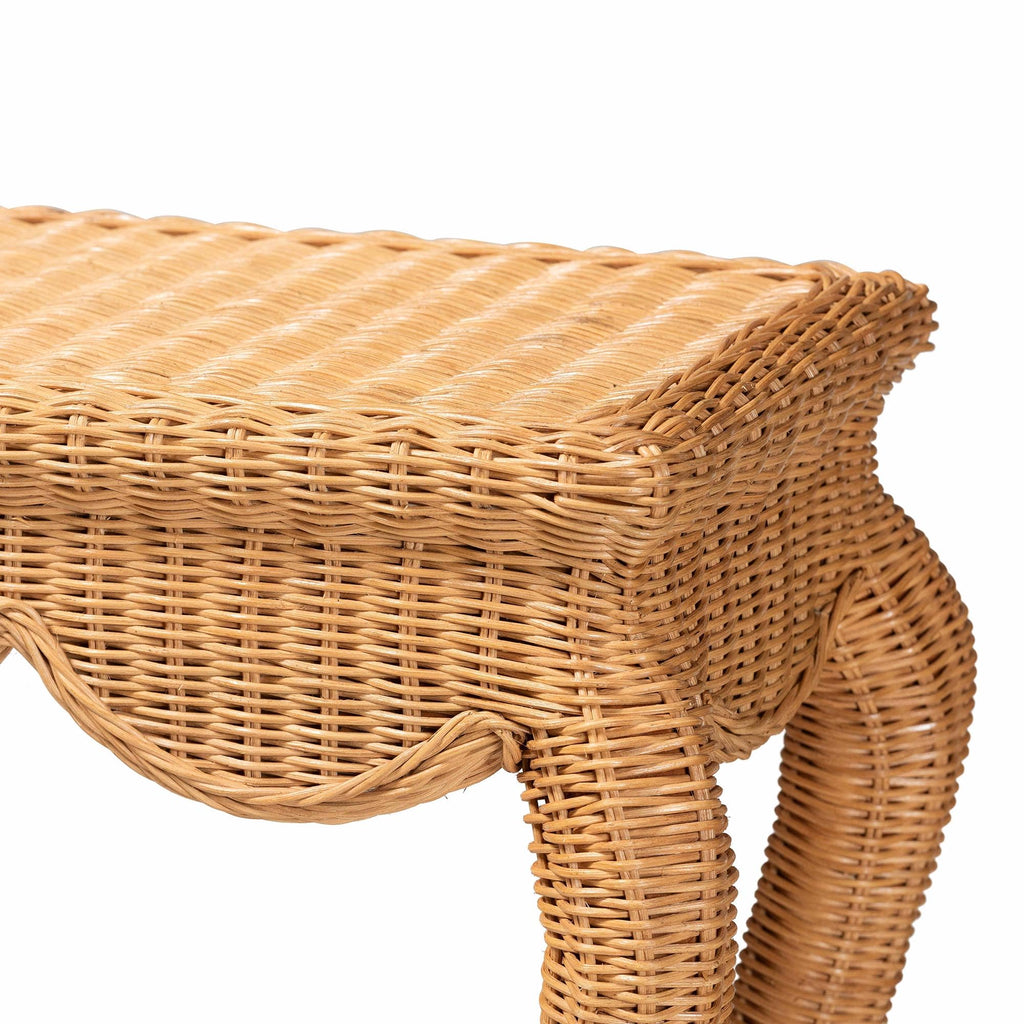 Deborah Natural Rattan Console Table - Handwoven Wicker Accent Table with Cabriole Legs, Scalloped Coastal Cottage