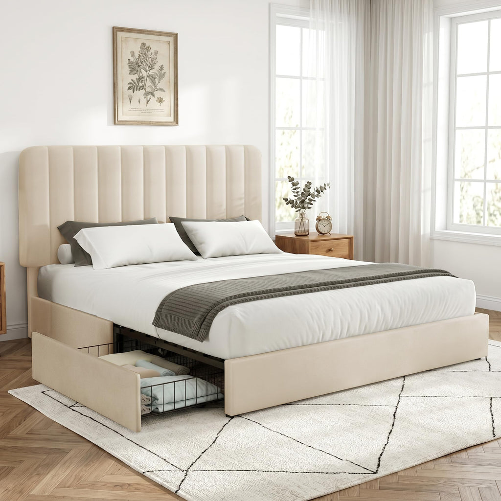 King Size Upholstered Bed Frame with 4 Drawers and Headboard, Velvet Platform Storage Bedframe, Wooden Slats Support
