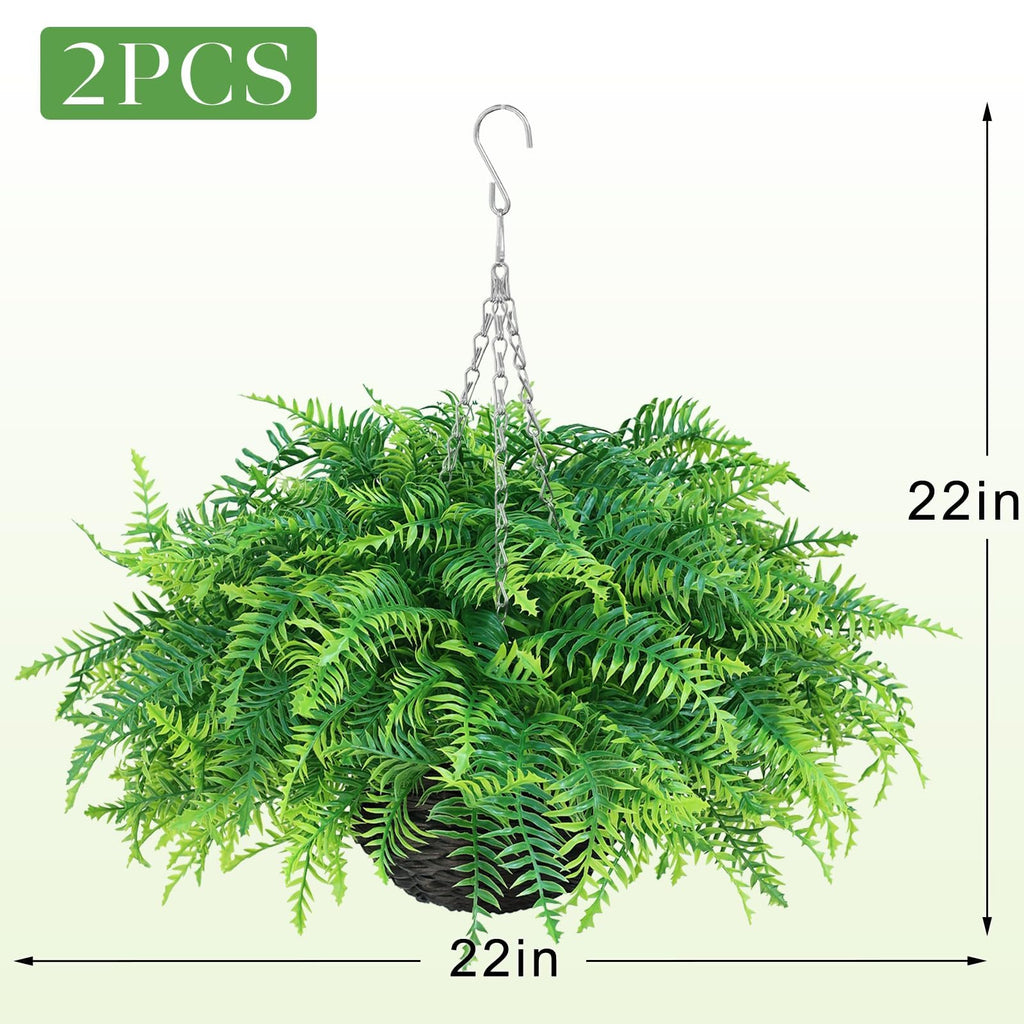 2 Sets Artificial Ferns Plant Hanging Basket for Front Porch Decor(Green)