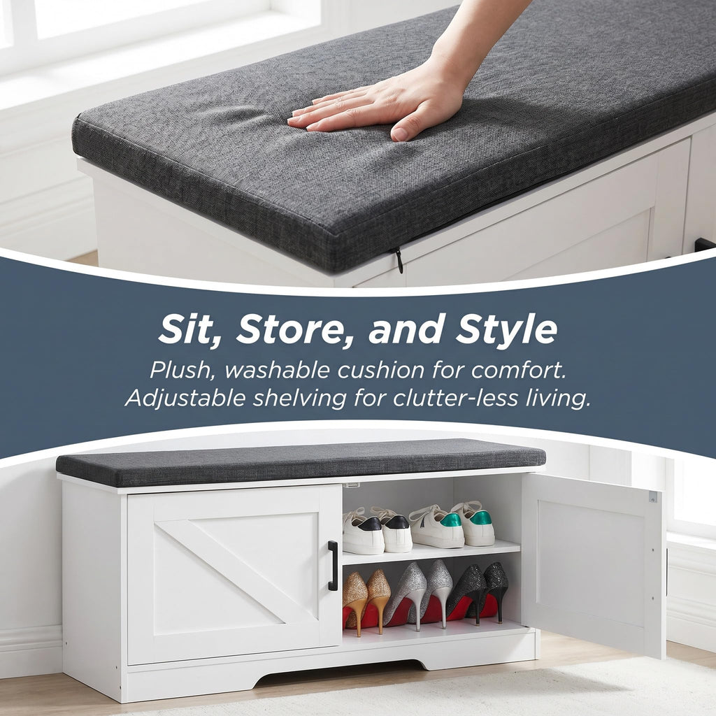 Farmhouse Shoe Storage Bench with 2 Barn Doors & Padded Seat Cushion