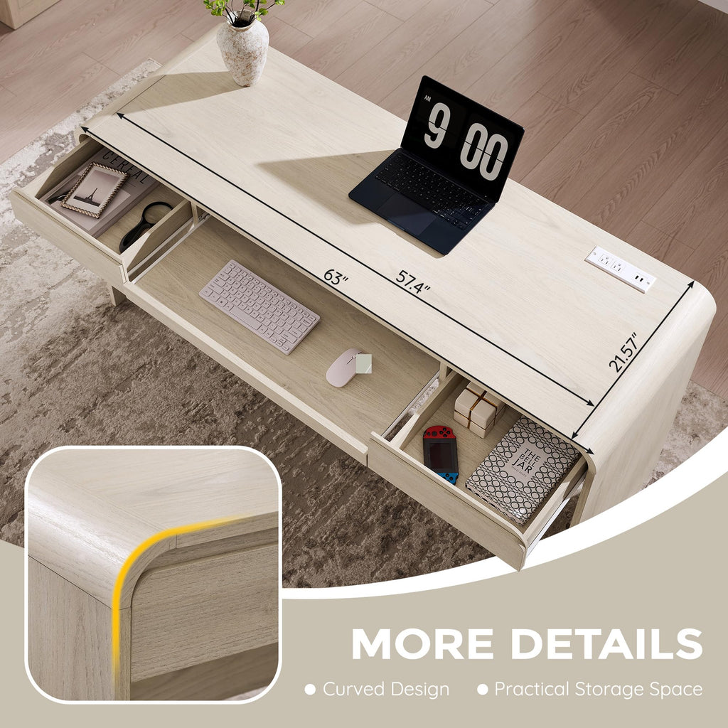 63" Modern Computer Desk with 2 Drawers, Wood Curved (Cream)
