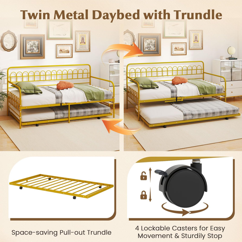 Twin Daybed with Trundle Gold, Metal Day Bed with Convenient Pull-Out Trundle Bed, Metal Slats, Lockable Universal
