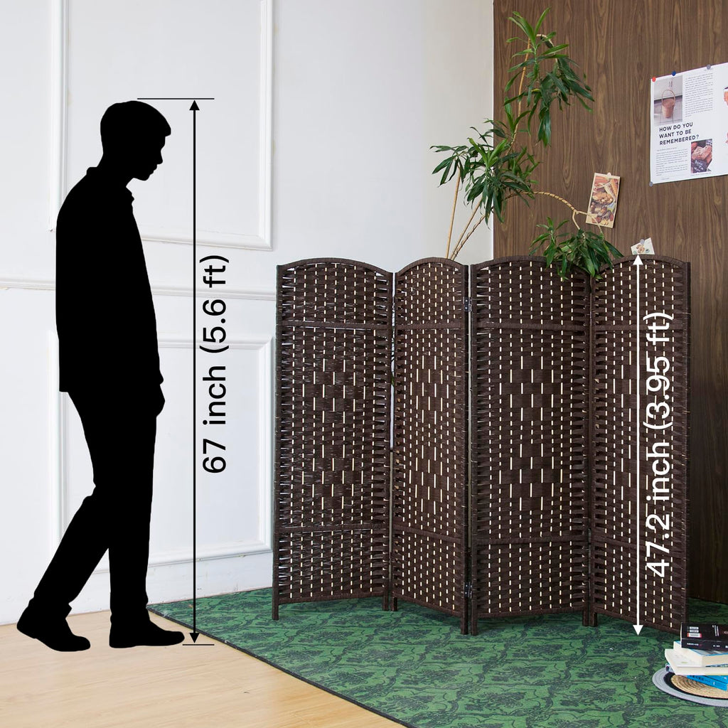 4 Panel Dark Brown Rattan Room Divider, 47.2" Low Height Double-Sided Folding Privacy Screen, Freestanding Partition