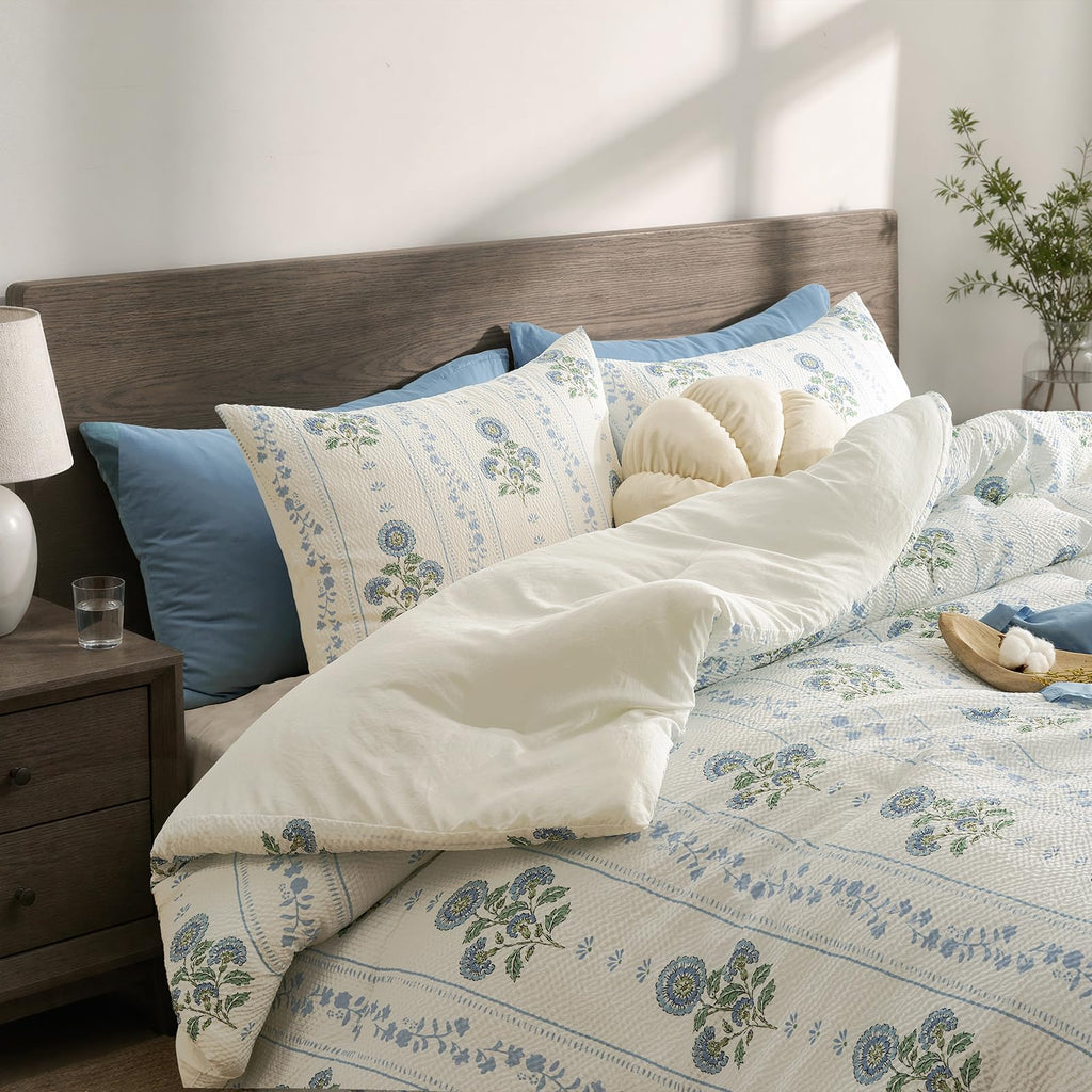 Comforter Set 3 Pieces Bed Set Seersucker Bed in a Bag Dirty Blue