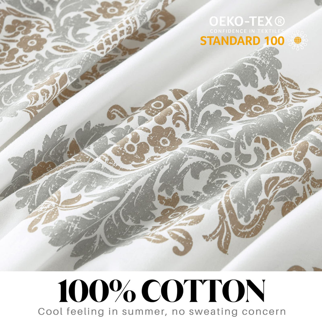 Damask Duvet Cover Set Queen Size, White Gray Paisley, 100% Cotton
