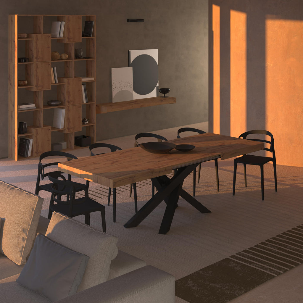Emma 55.11(86.6) x35.4 in, Extendable Dining Table, Concrete Effect, Black with White Crossed Legs, Made in Italy