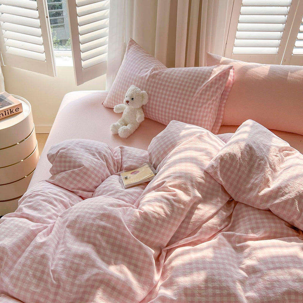 Pink Gingham Duvet Cover Set Cotton (90"x90"), Pink White Plaid