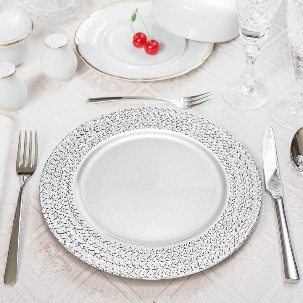 12 Pack Silver Charger Plates, 13 Inch Plastic Dinner Plate, Leaf Trim Antique Charger Plate for Weddings, Parties