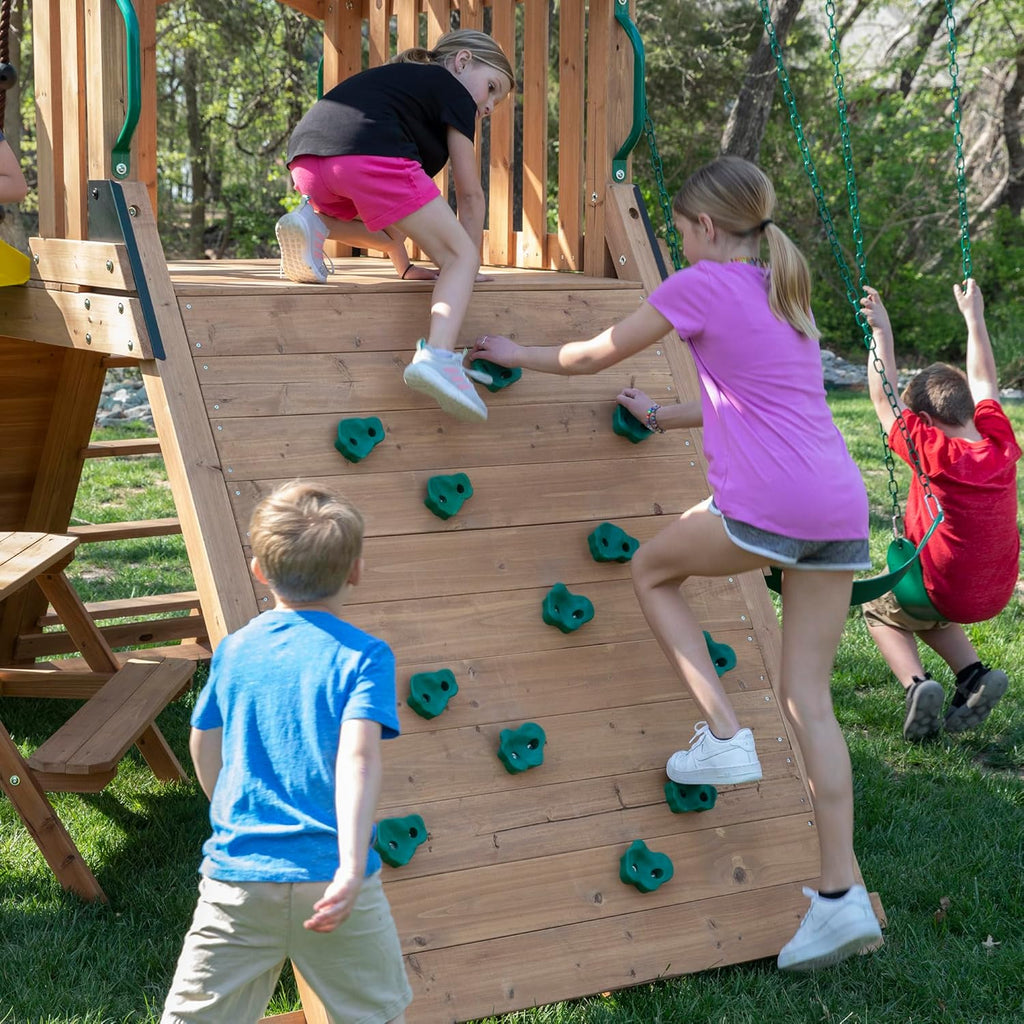 Endeavor II Cedar Wood Swing Set with Wave Slide, Play Deck, Double Rock Wall, Picnic Table, Climbing Wall, Belt
