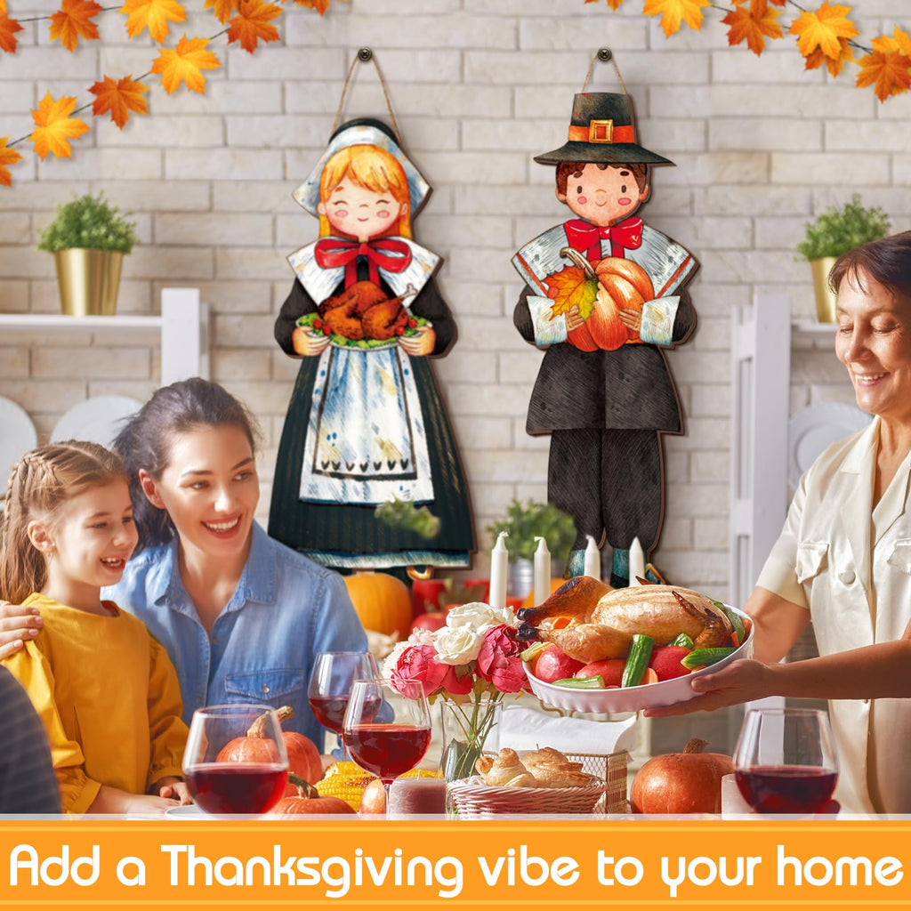 2 Pcs Fall Thanksgiving Pilgrim Boy and Girl Hanging Sign