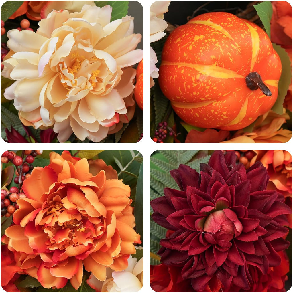 24 InchFall Wreaths for Front Door Autumn Wreath with Peony, Pumpkins