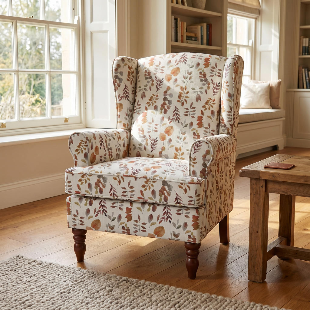 Mid Century Wingback Chair with Retro Wooden Legs Floral Yellow