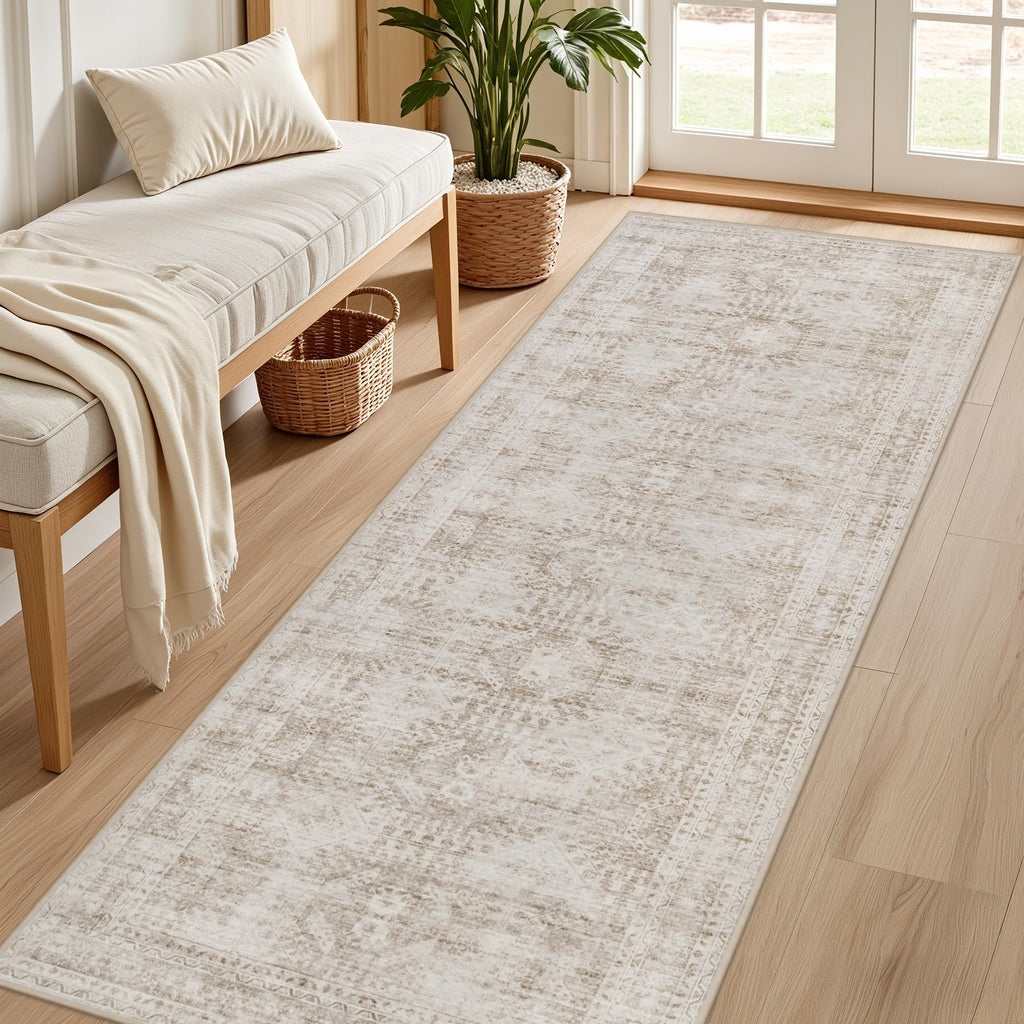 Hallway Washable Runner Rug: Neutral Kitchen Carpet Brown