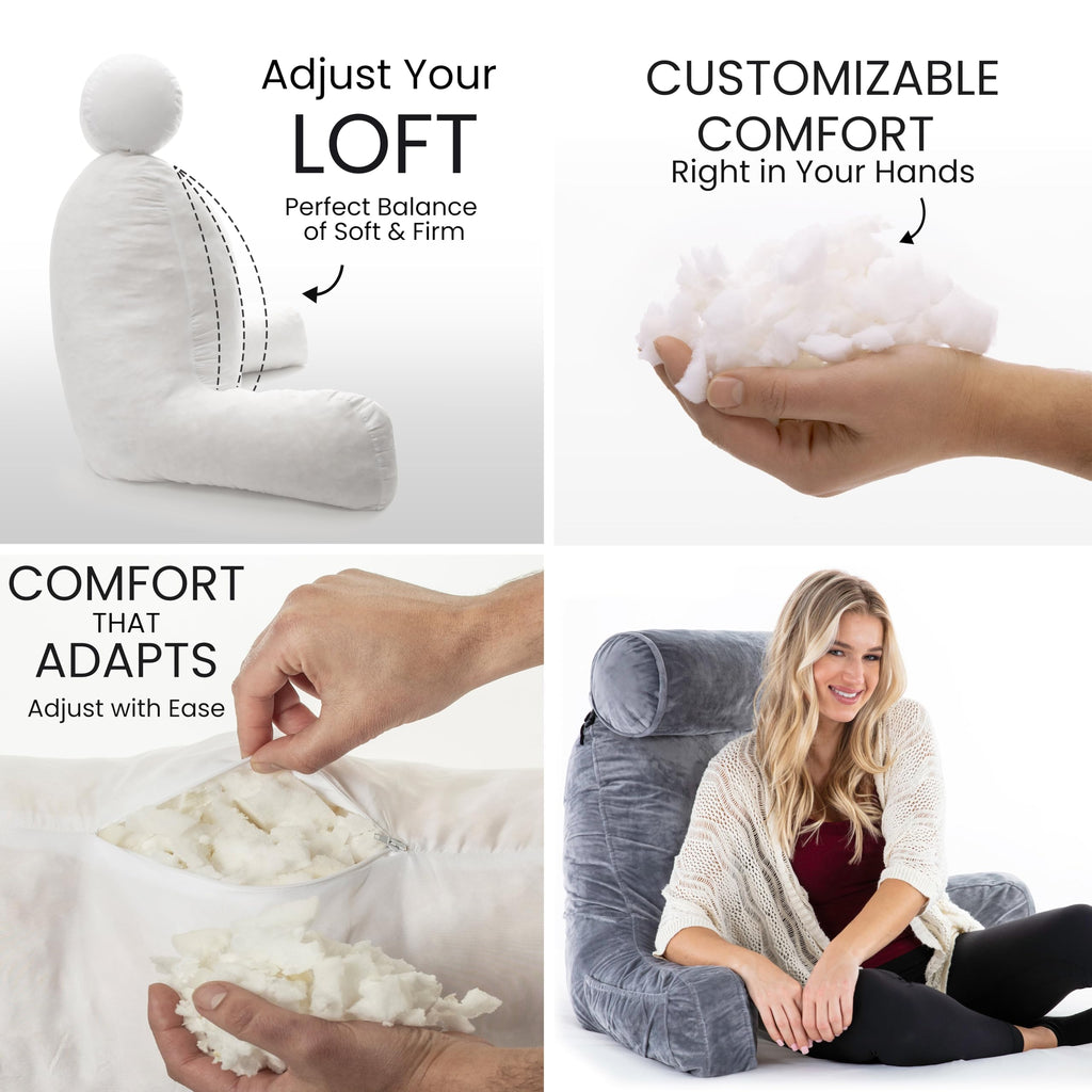 XXL Reading & Bed Rest Pillows - Premium Memory Foam Backrest Pillow with Arms & Neck Roll - Aspen Edition Iron Grey