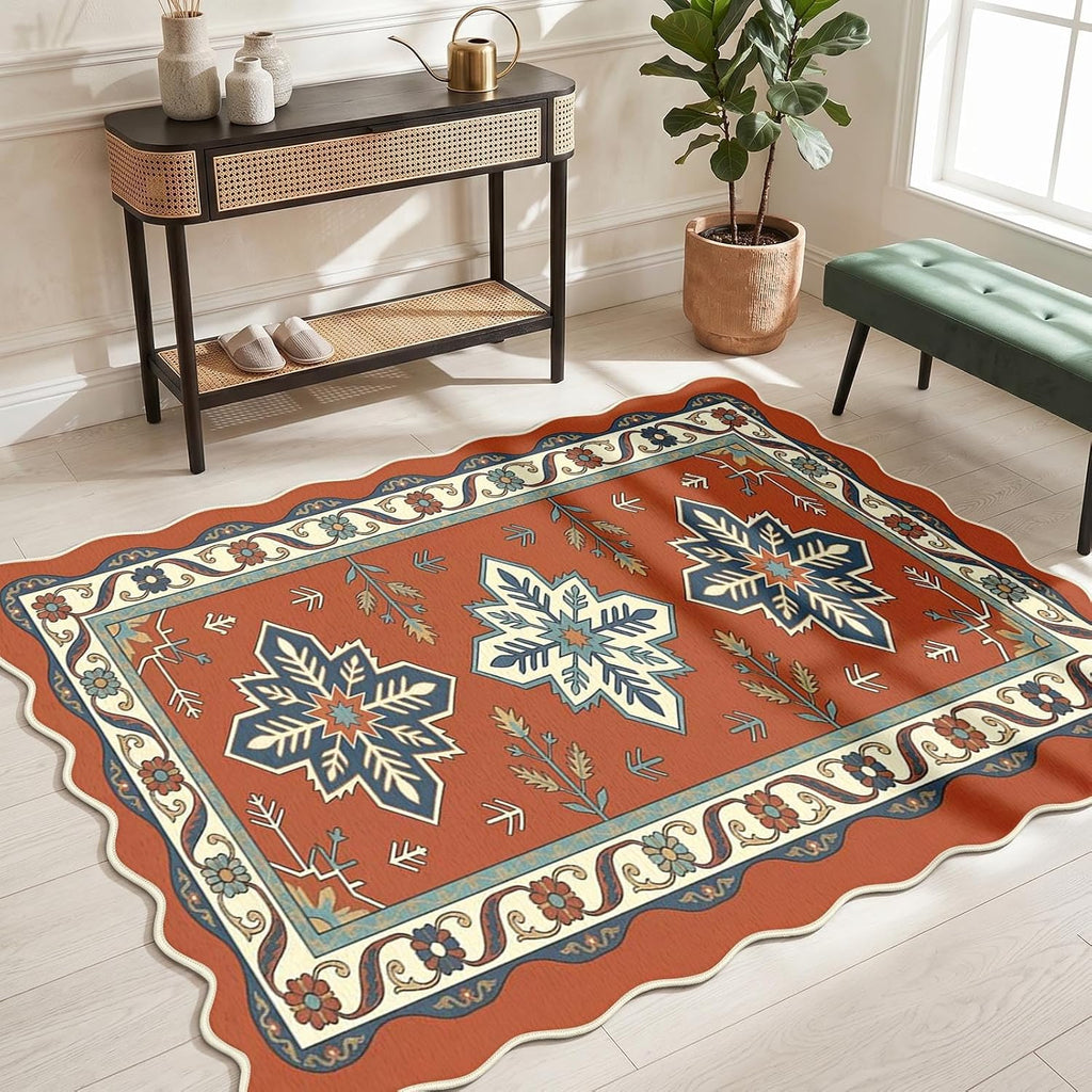 Washable Scalloped Area Rug, Boho Aztec, 5'x7'