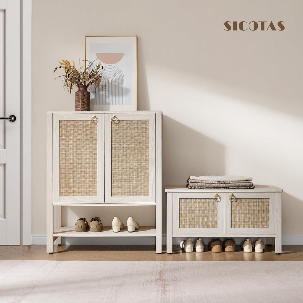 Rattan Storage Bench Boho Storage Chest with 2 Safety Hinges