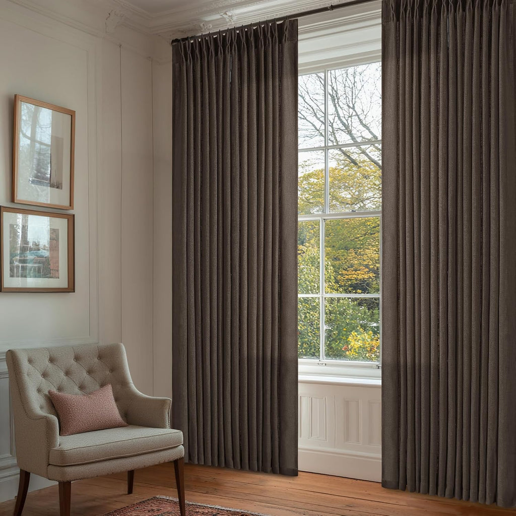 Dark Chocolate Pinch Pleated Linen Curtains 2 Panels for Living Room Bedroom Memory Training Shaped Semi Sheer Pleat