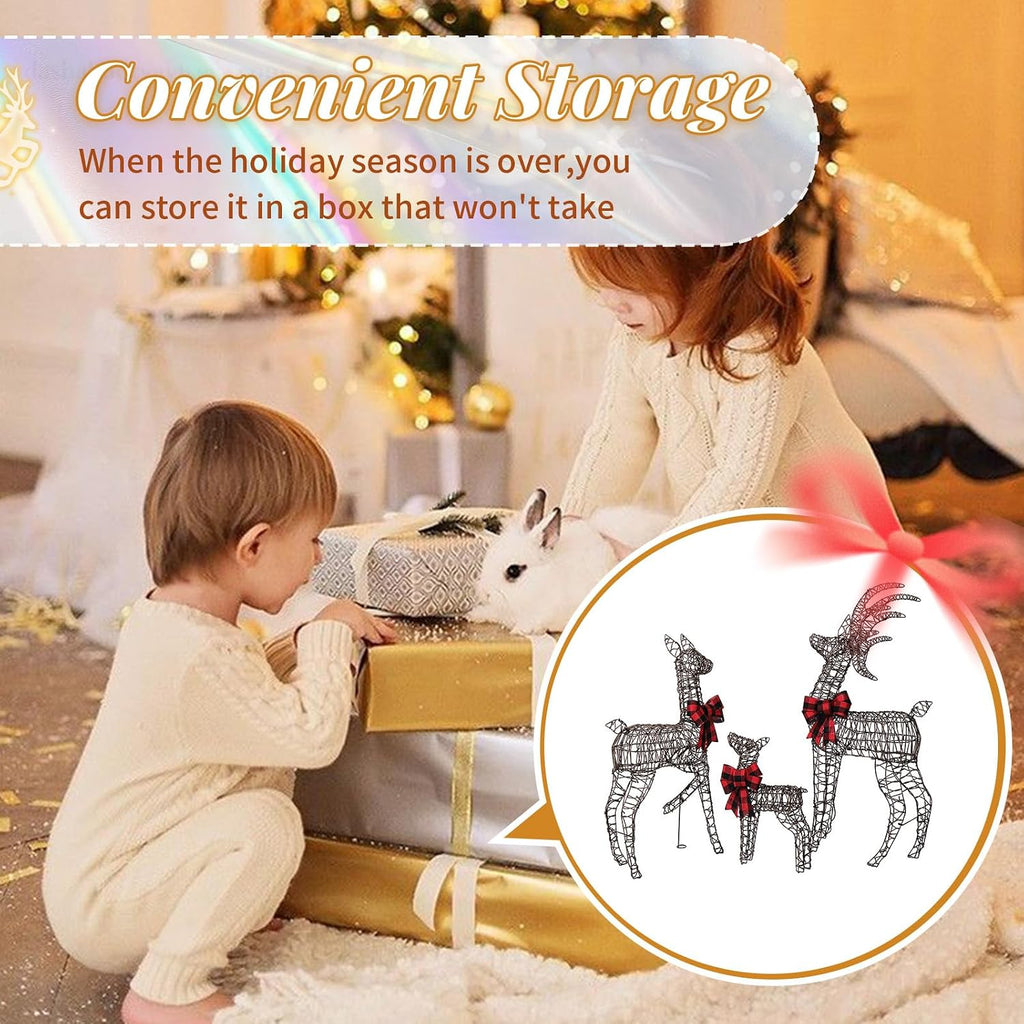 Large Outdoor Christmas Decoration, 4FT 3-Piece Lighted Christmas Deer Family Set, Rattan Reindeer, with 210 LED Warm