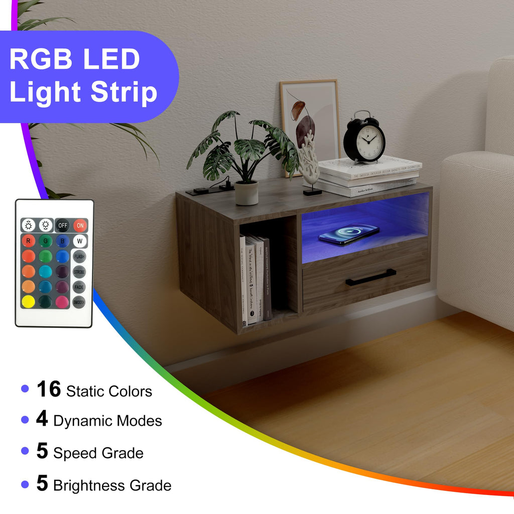 Floating Nightstand with Lights, Grayish Brown