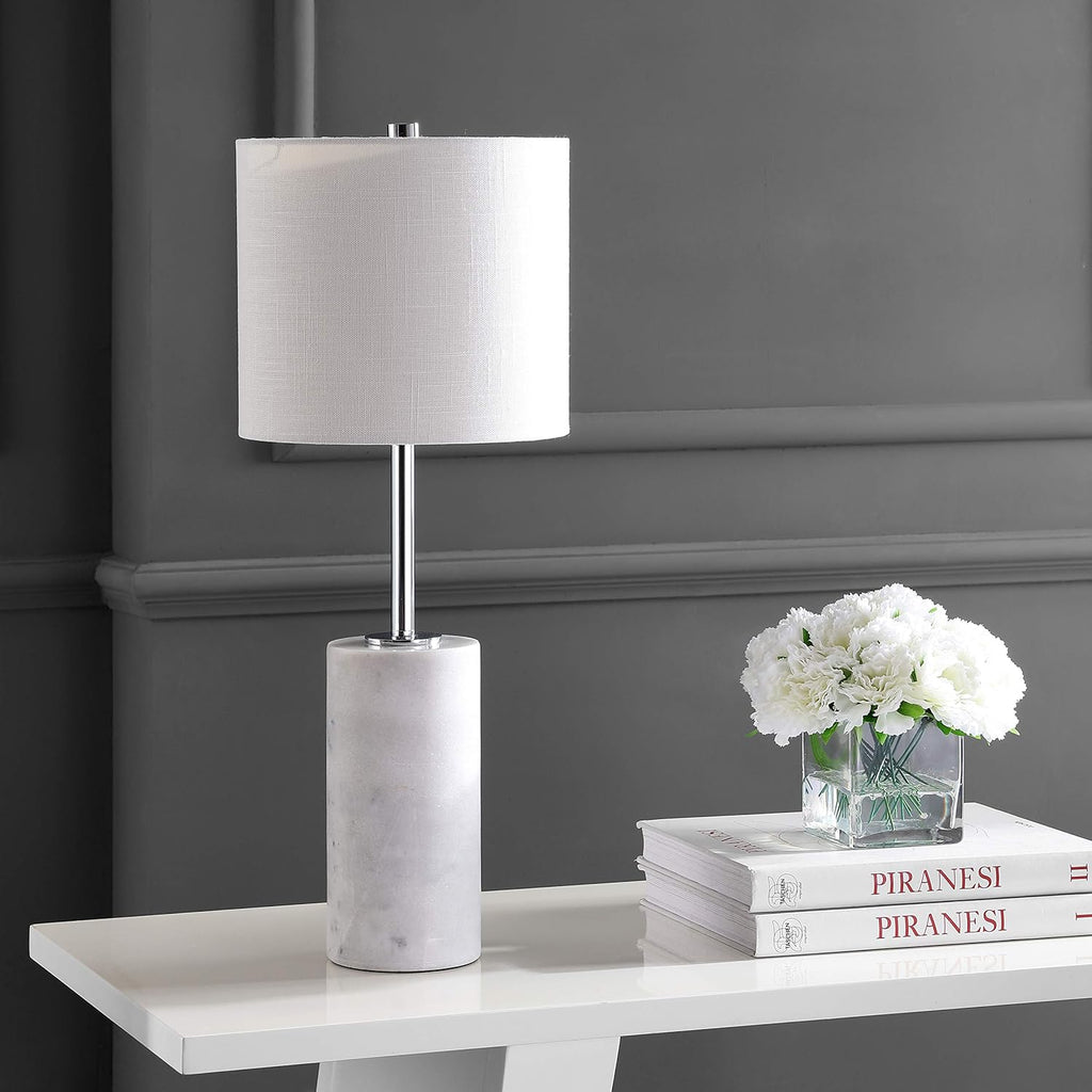 25.5" White Marble and Chrome Modern LED Table Lamp, Minimalist Iron Bedside Lamp Bedroom, White Linen Drum Shade
